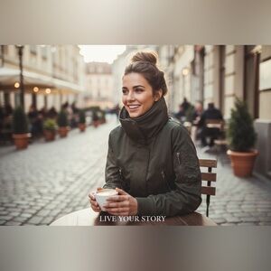 BCBG cropped bomber jacket. Funnel collar with toggles and hidden hood